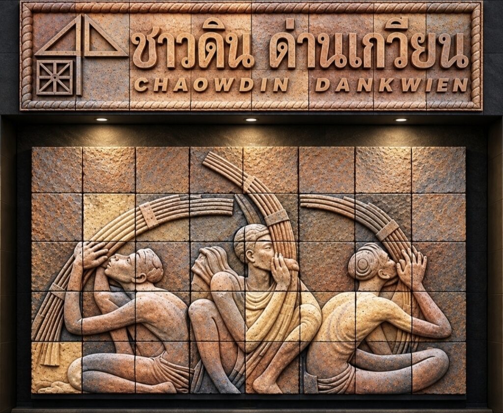 ป้ายร้านชาวดิน ด่านเกวียน งานประติมากรรมนูนต่ำดินเผา2
